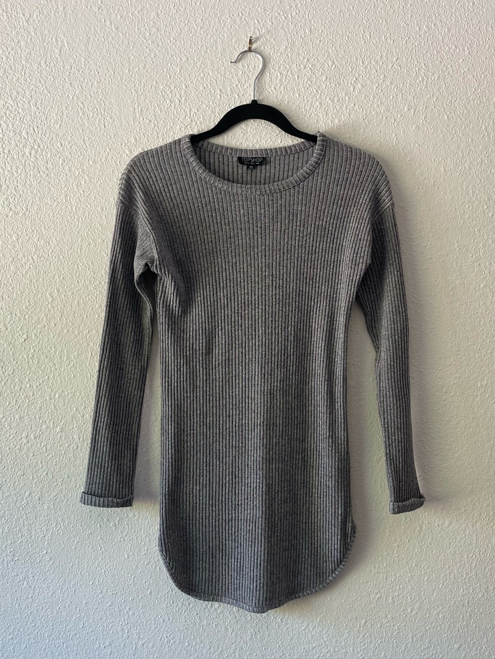Topshop Gray Ribbed Knit Tunic Sweater Women’s US 2 UK 6 Long Sleeve